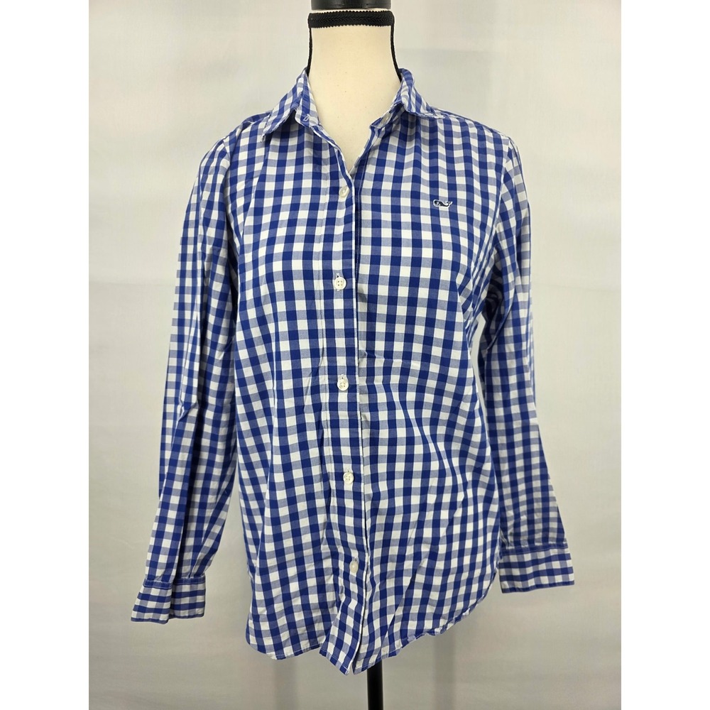Vineyard Vines Womens Blue White Gingham Cotton Button Down Whale Shirt Size 6